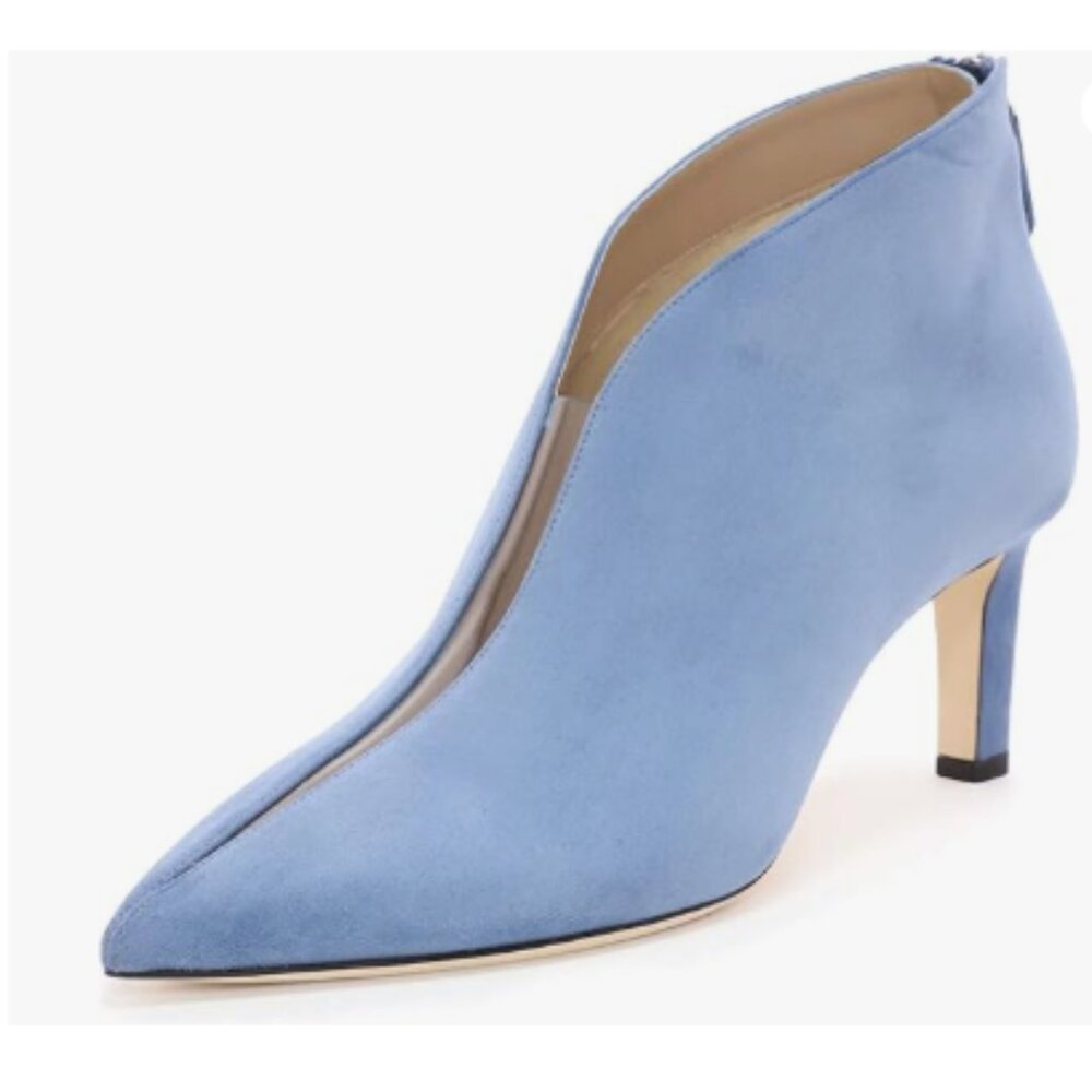Blue Pointed Toe V Cut Ankle Booties Mid Heel Faux Suede PVC Zippers Prom Boots